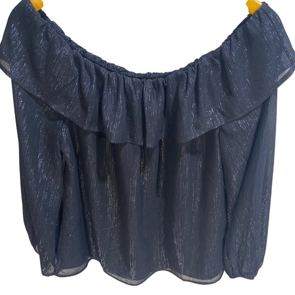 White House Black Market Womens Metallic Shimmer Off Shoulder Ruffle Blouse M - Picture 2 of 10